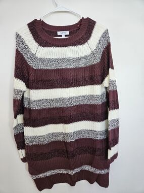 5/35$ mySTYLE Striped Sweater Dress Burgundy Cream Grey Knitted Tunic Large🔥